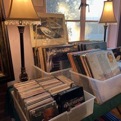 Collection of vinyl records, CDs, and cassette tapes displayed in plastic bins alongside a pair of monkey-base table lamps with fringed...