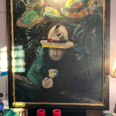 Large expressionist oil painting depicting a figure in a hat, presented in an ornate dark gold frame.