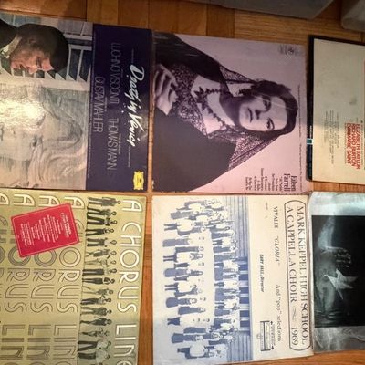 Collection of six vintage vinyl LP records featuring Broadway original cast recordings, film soundtracks, and classical vocal performances.