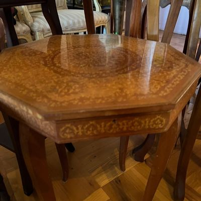 Italian Sorrentine style octagonal side table featuring intricate floral wood marquetry and cabriole legs.