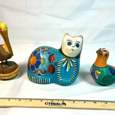 Hand Painted Mexican Ceramic Cat & Duck, Pelican Figurine
