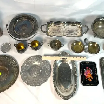 Assortment Of Silver Plate and Other Metals Serving Plates & Kitchenware & Shaker & Bell