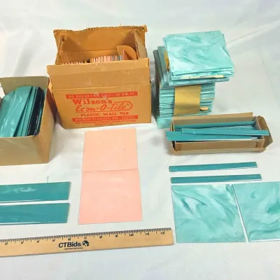 Vtg Wilsons Ecn O Tile 4-1/4" Marbled Plastic Wall Tiles Reclaimed MCM Pink, Sea Foam, Dark, Teal 