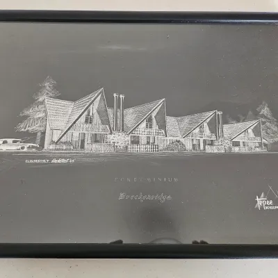 Framed architectural rendering of a Breckenridge condominium development by Tepee Developments Ltd., dated 1965, featuring a mid-century...