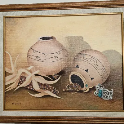 Framed Southwestern still life oil painting on canvas, signed M. Smith, depicting Native American pottery, Indian corn, and a turquoise...