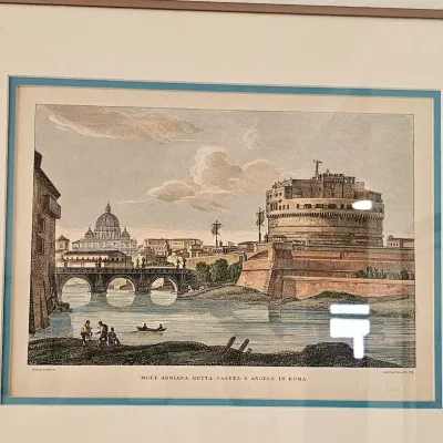 Framed vintage color engraving titled "Mole Adriana Detta Castel S. Angelo in Roma," depicting the historic Roman fortress and...