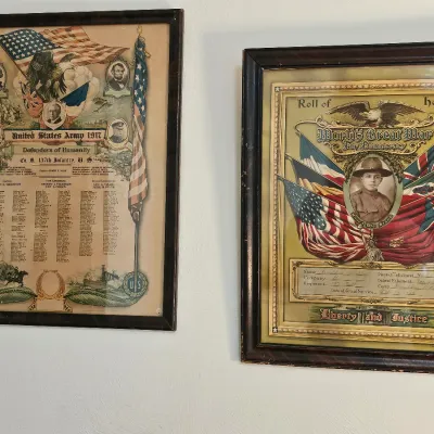 Two framed World War I military certificates, including a United States Army 1917 roster for Co. B, 137th Infantry, and a World's...