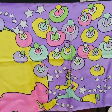 Vintage Peter Max psychedelic silk scarf featuring a colorful cosmic design with planets, stars, and a running figure on a purple...