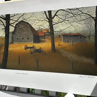 Sale Photo Thumbnail #19: Limited edition art print titled "Cornbread and Buttermilk" by Ward H. Nichols, numbered 479/750, depicting a rustic rural landscape with barns and a wagon.