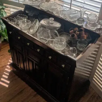 Vintage Colonial-Style Dark Wood Dry Sink Buffet & Large Collection of Pressed Glass / Crystal