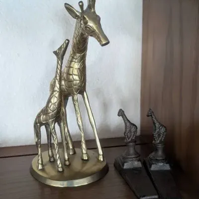 Vintage Brass Giraffe Mother & Baby Calf Figurine Standing On Base