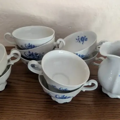Mitterteich Bavaria China Set, Meissen Blue Floral Bouillon Cups & Pitcher, Vintage 