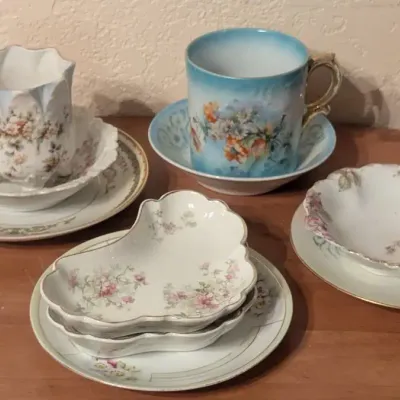 Collection of Antique Fine Porcelain Tableware  Assorted Mismatched Floral Cups, Saucers & Dishes
