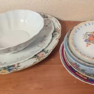 Antique Porcelain Tableware  Transferware Platters, Serving Bowl & Decorative Calendar Holiday Plate