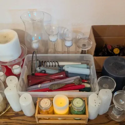 Large Vintage & Modern Candle & Glassware Lot  Pillars, Tapers, Hurricane Shades, Holders
