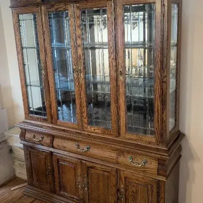 Traditional Solid Oak 2-Piece Lighted China Cabinet / Display Hutch, Vintage