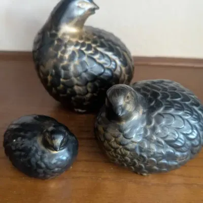 Vintage Ceramic Quail Figurines Styled with an Antique Bronze or Gilded Metallic Glaze Finish