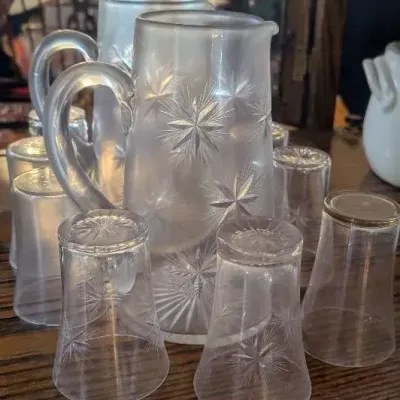 Vintage Fostoria Sunburst Etched Glass Pitcher & Tumbler Set - 7 Pieces MCM