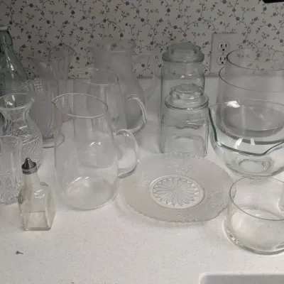 Vintage & Modern Clear Glassware Lot  Vases, Pitchers, Bowls & Storage Jars