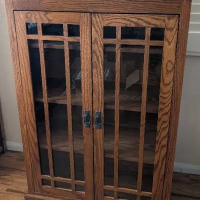 Antique-Style Mission Oak Arts & Crafts Double Glass Door Bookcase Cabinet