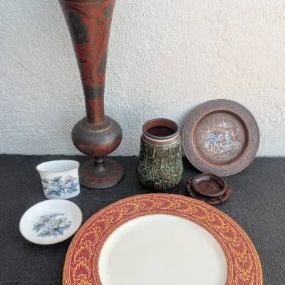 Eclectic Mix of Vintage and Antique Tableware Including Lenox, Ceramics, and Brass Items
