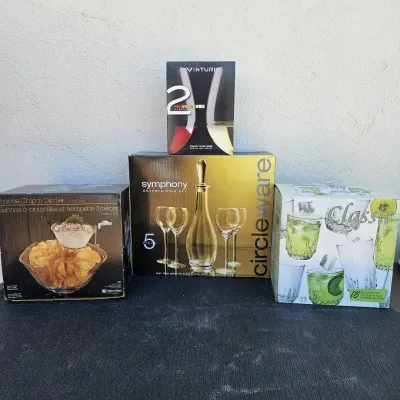 NEW 4-Set Bundle 18pc Tumblers, 5pc Wine Decanter Set, 2pc Wine Aerator, Chip n Dip Bowl
