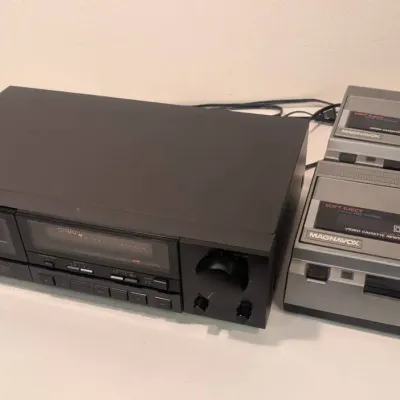 vintage home media equipment, JVC stereo cassette deck, 2 Magnavox MAG9000 VHS FF/RR