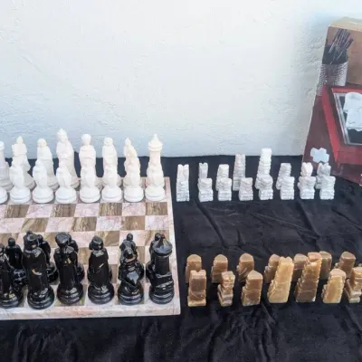 Hand-Carved Onyx & Marble Chess Set, Vintage, with Bonus Pieces & Imperial Estate Tic-Tac-Toe Game
