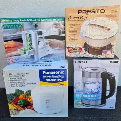 Small Appliances, Rice Cooker, Slicer, Popcorn Popper And A Electric Kettle