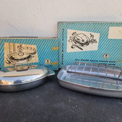 Vintage Revere Ware stainless steel Casserole And Roasting Pan with their original turquoise boxes