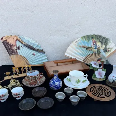 Mixed Vintage Asian Decor Lot Kutani English Bone China Sake Cups Folding Fans