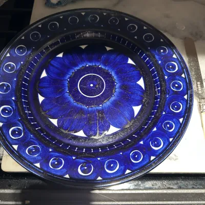 Vintage hand-painted blue and white ceramic plate featuring a bold floral center and geometric border pattern.