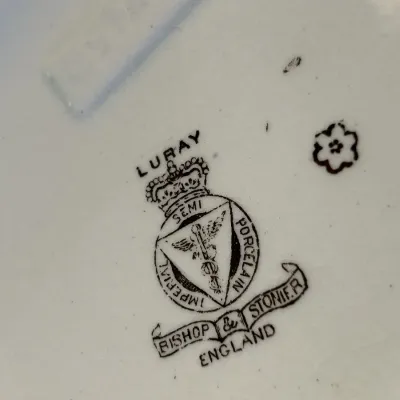 Maker's mark on the underside of a Bishop & Stonier "Luray" pattern semi-porcelain piece, made in England.