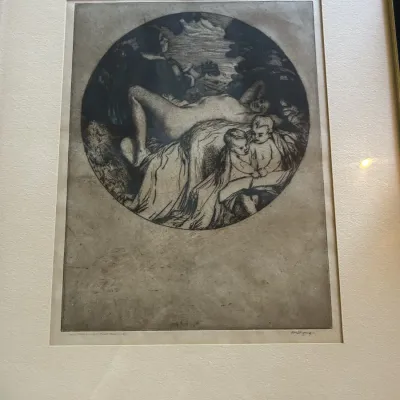 Framed etching by Albert Besnard, titled "Sous la Lampe," depicting a reclining nude figure with children in a circular...