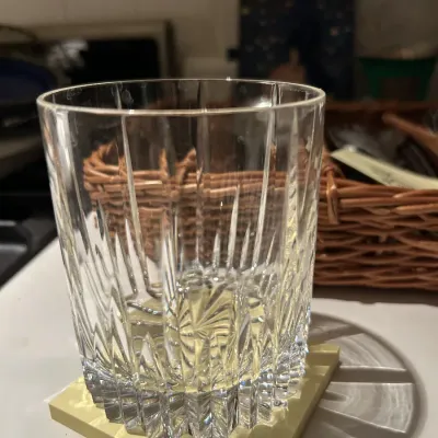 Vintage cut crystal double old fashioned glass featuring a classic geometric wedge and fan pattern.