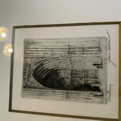 James Swann miniature etching titled "Sanctuary," depicting a cathedral entrance, signed by the artist and matted under glass.