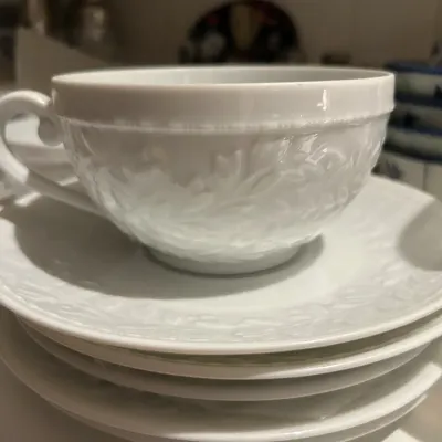 White porcelain teacup and saucer set featuring an embossed floral and leaf pattern.