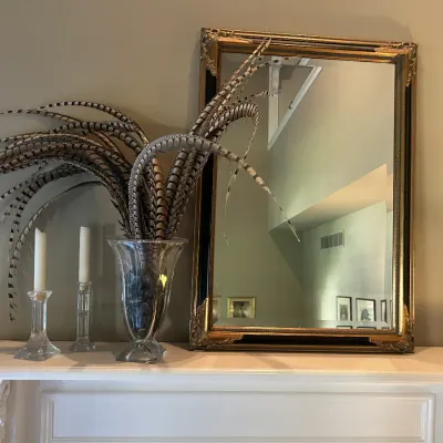 Ornate gold-framed wall mirror with black accents, displayed on a mantel alongside a glass vase filled with pheasant feathers and two...