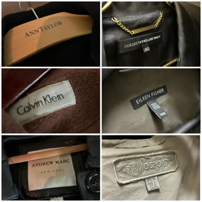 Sale Photo Thumbnail #105: A collage of six photos showcasing designer clothing labels, including Ann Taylor, Collection Ellen Tracy, Calvin Klein, Eileen Fisher, Andrew Marc, and Ramosport.