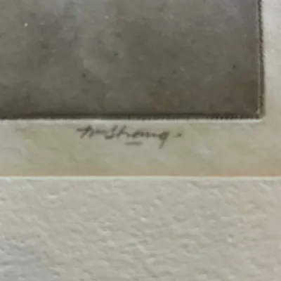 Close-up detail of an artist's signature, reading "H. Strong," on a matted piece of artwork.