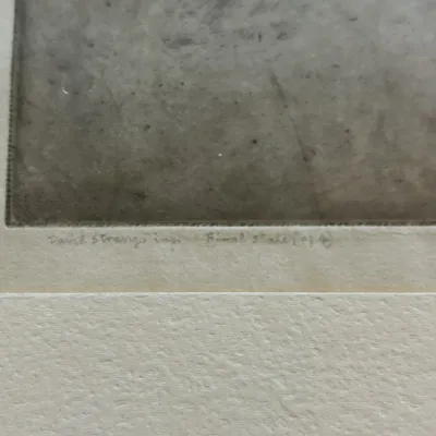 Detail of a matted print showing a pencil inscription that reads "David Strang imp. Final state (of 4)" below the plate mark.