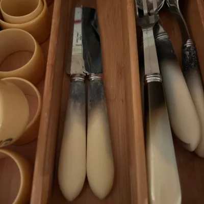 Vintage French flatware set featuring faux-horn handles in a cream and dark brown gradient, stored in a wooden drawer organizer alongside...
