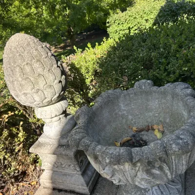 Sale Photo Thumbnail #106: Weathered concrete garden ornaments, including a pinecone finial on a pedestal and a scalloped urn planter, showing natural aging and moss growth.