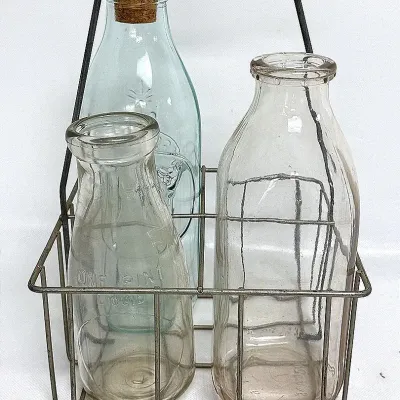 Vintage Milk Bottle Set of 3 with Metal Carrying Caddy Wire Basket
