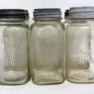 Vintage Atlas HA Mason Clear Glass Canning Jars with Zinc Lids