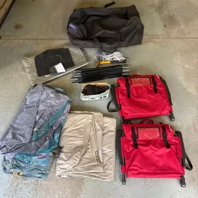 Assorted Lot Of Camping Gear, Tent, Poles, 2 Bleacher Chairs