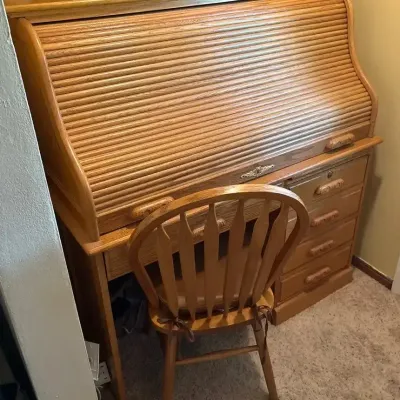 Wooden Oak Roll Top Desk With Slotted Tambour Door, Chair 