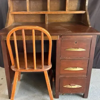 Vintage Cute Children’s Writing Desk With Chair And Three Drawers