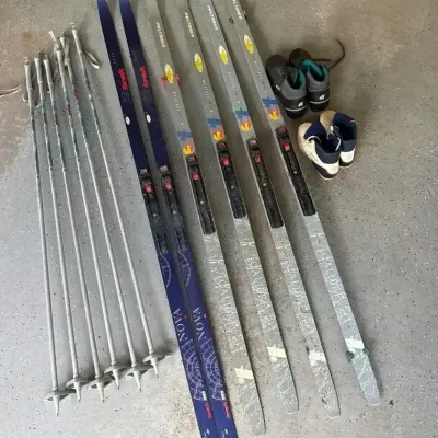 Lot Of Vintage Cross Country Skis, Shoes & Poles 