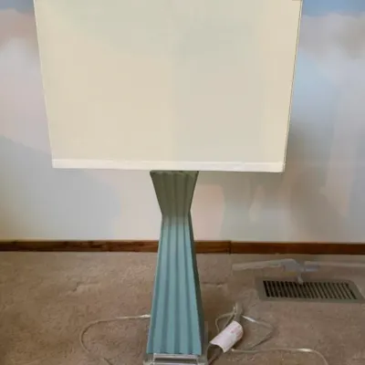 Sage Green Fluted Column Table Lamp with Rectangular Fabric Shade & Clear Base - Lake Odessa Off-Site